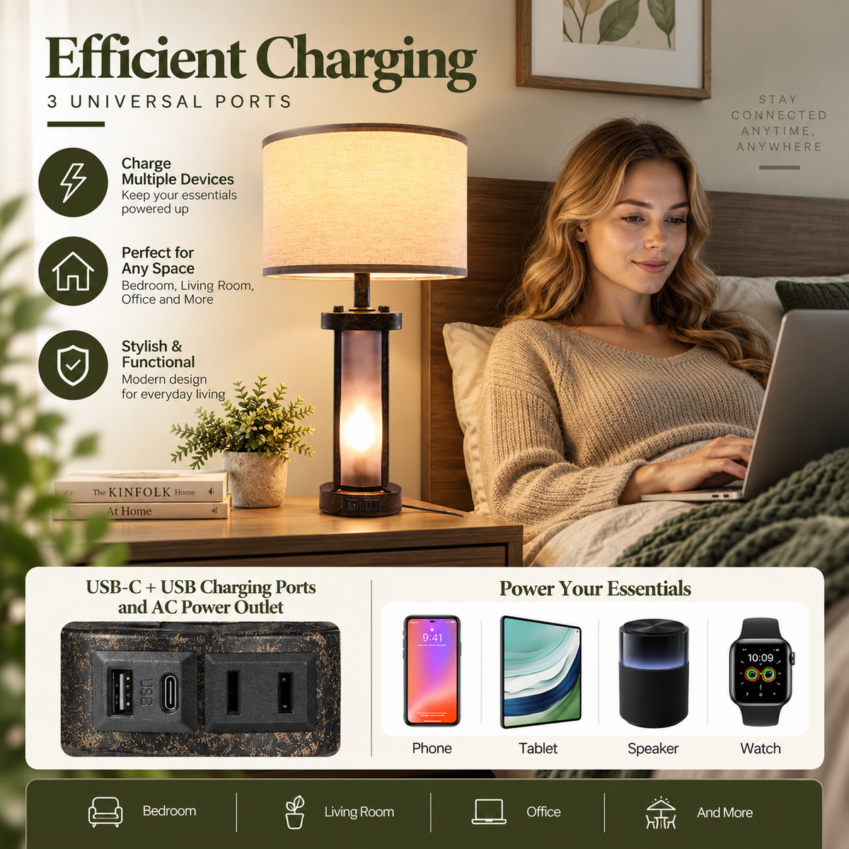 Set of 2 Farmhouse Table Lamps – Bedside Nightstand Lamps with USB Ports