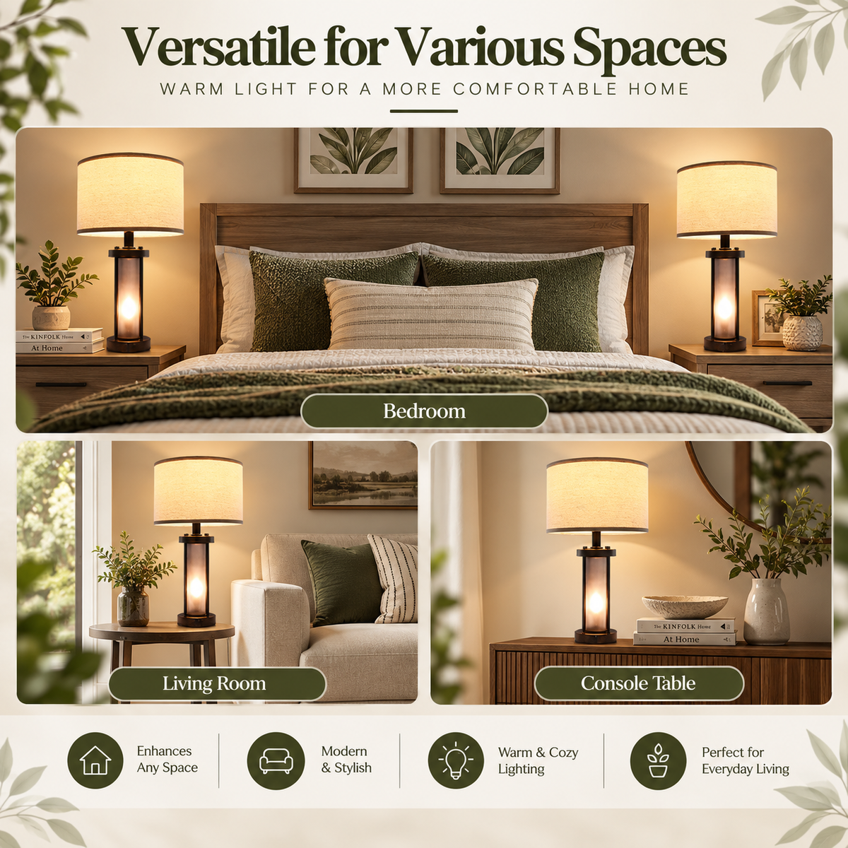 Set of 2 Farmhouse Table Lamps – Bedside Nightstand Lamps with USB Ports