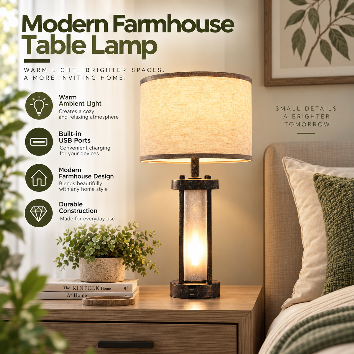 Set of 2 Farmhouse Table Lamps – Bedside Nightstand Lamps with USB Ports