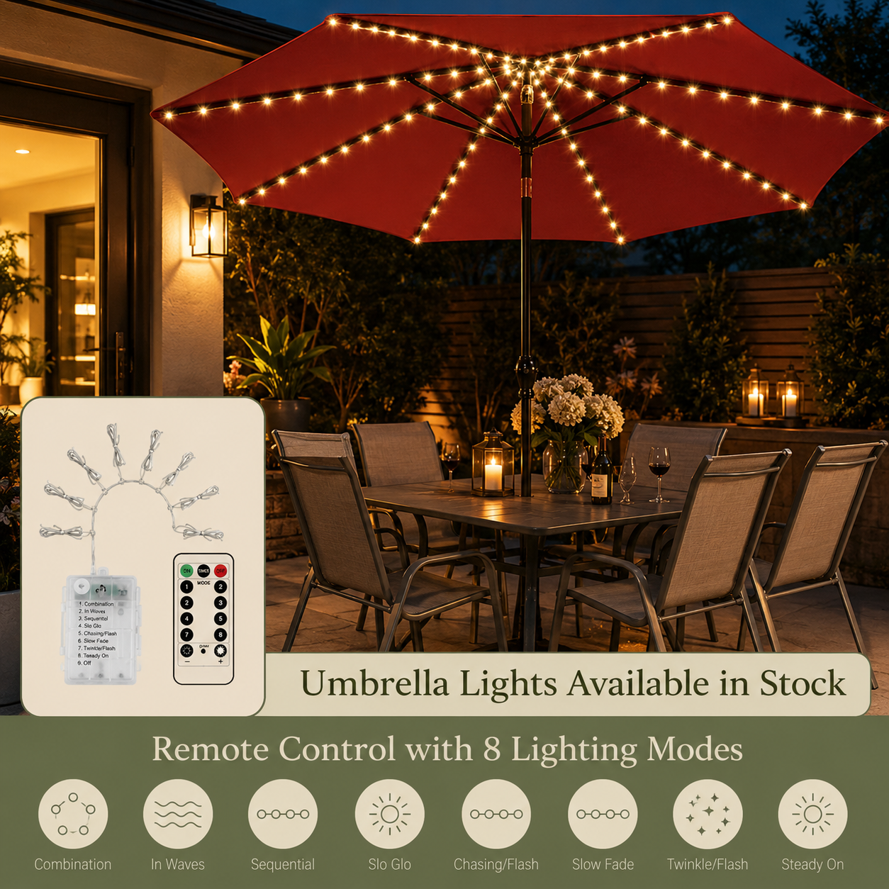 Outdoor patio scene at night with a large red umbrella lit by string lights draped over the canopy. A dining table and chairs are underneath, with a house and garden visible in the background.