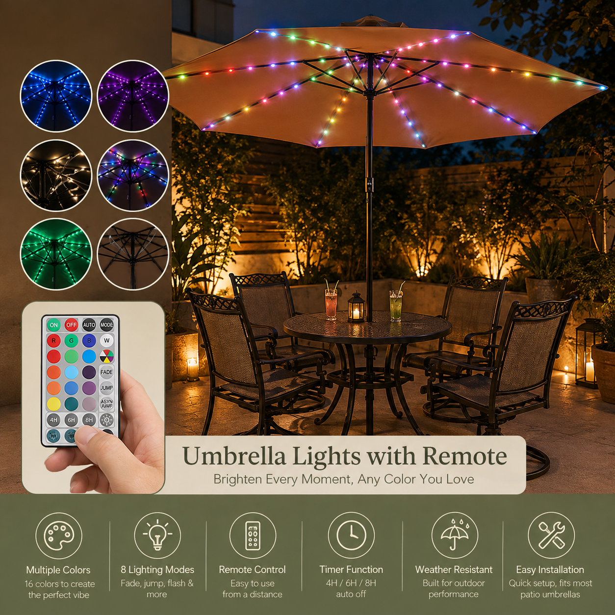 Outdoor patio umbrella with multicolor LED string lights draped around the canopy, shown at night beside a matching outdoor dining table and chairs. A hand holds a remote control in the foreground, and the image includes feature callouts and color-circle insets demonstrating the light effects.