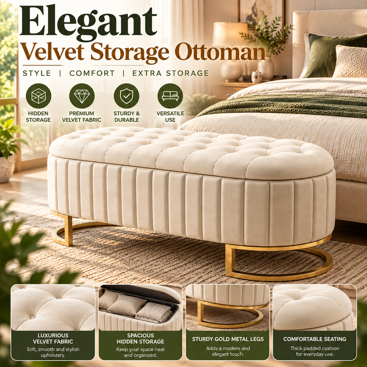 Velvet Storage Ottoman – Elegant Upholstered Footstool with Hidden Storage