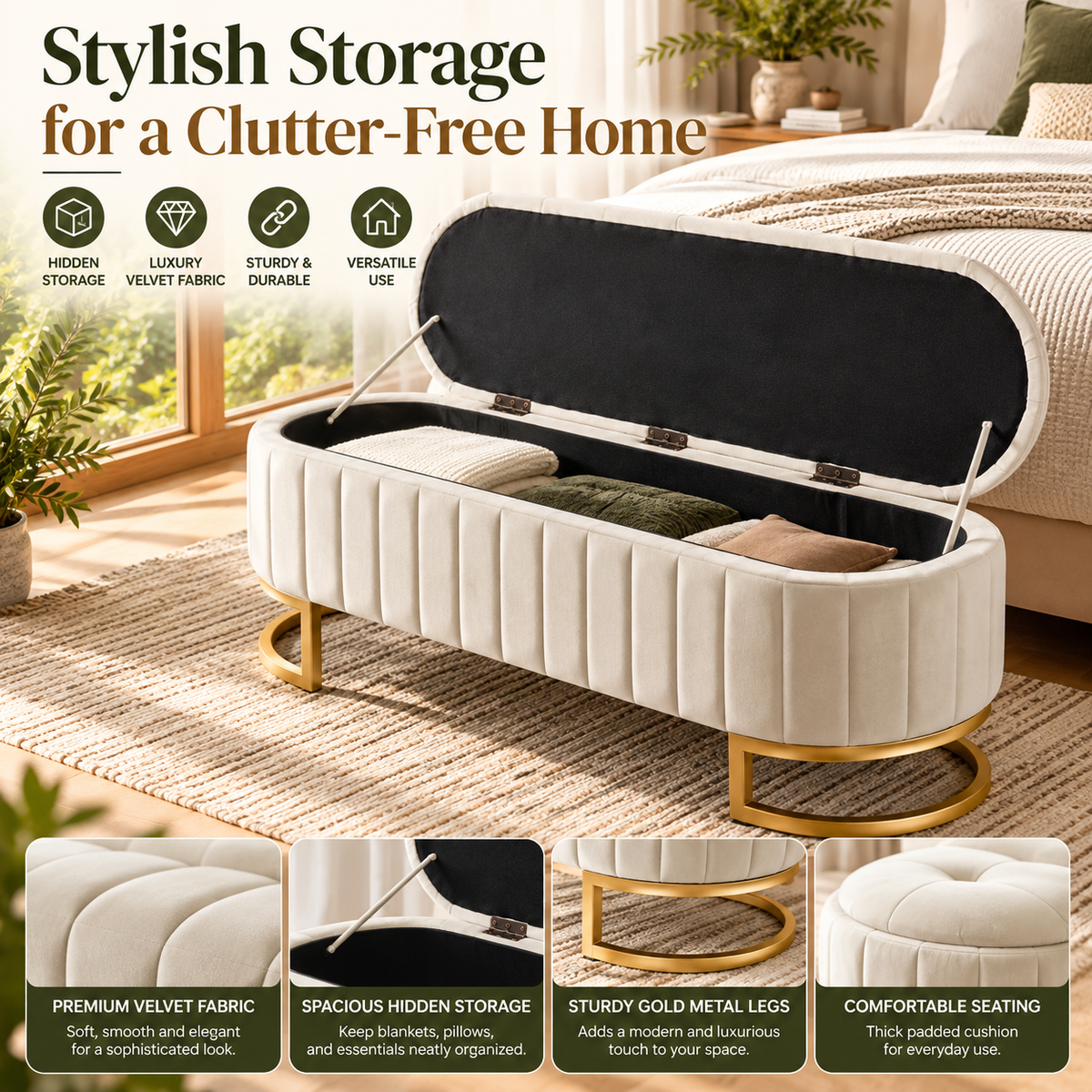 Velvet Storage Ottoman – Elegant Upholstered Footstool with Hidden Storage