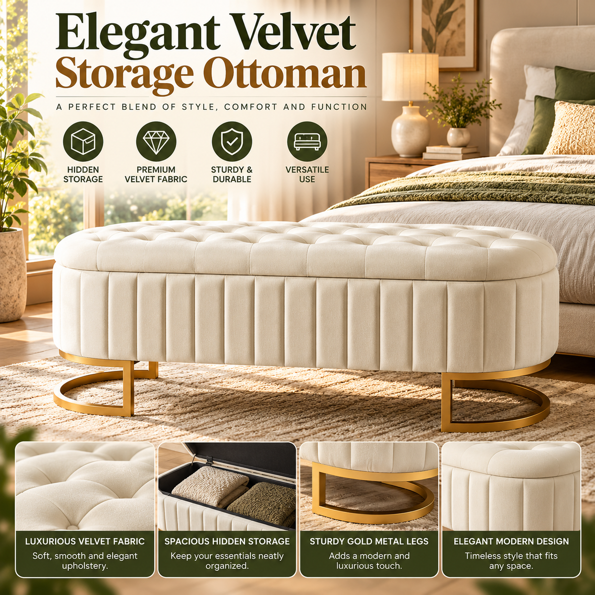 Velvet Storage Ottoman – Elegant Upholstered Footstool with Hidden Storage