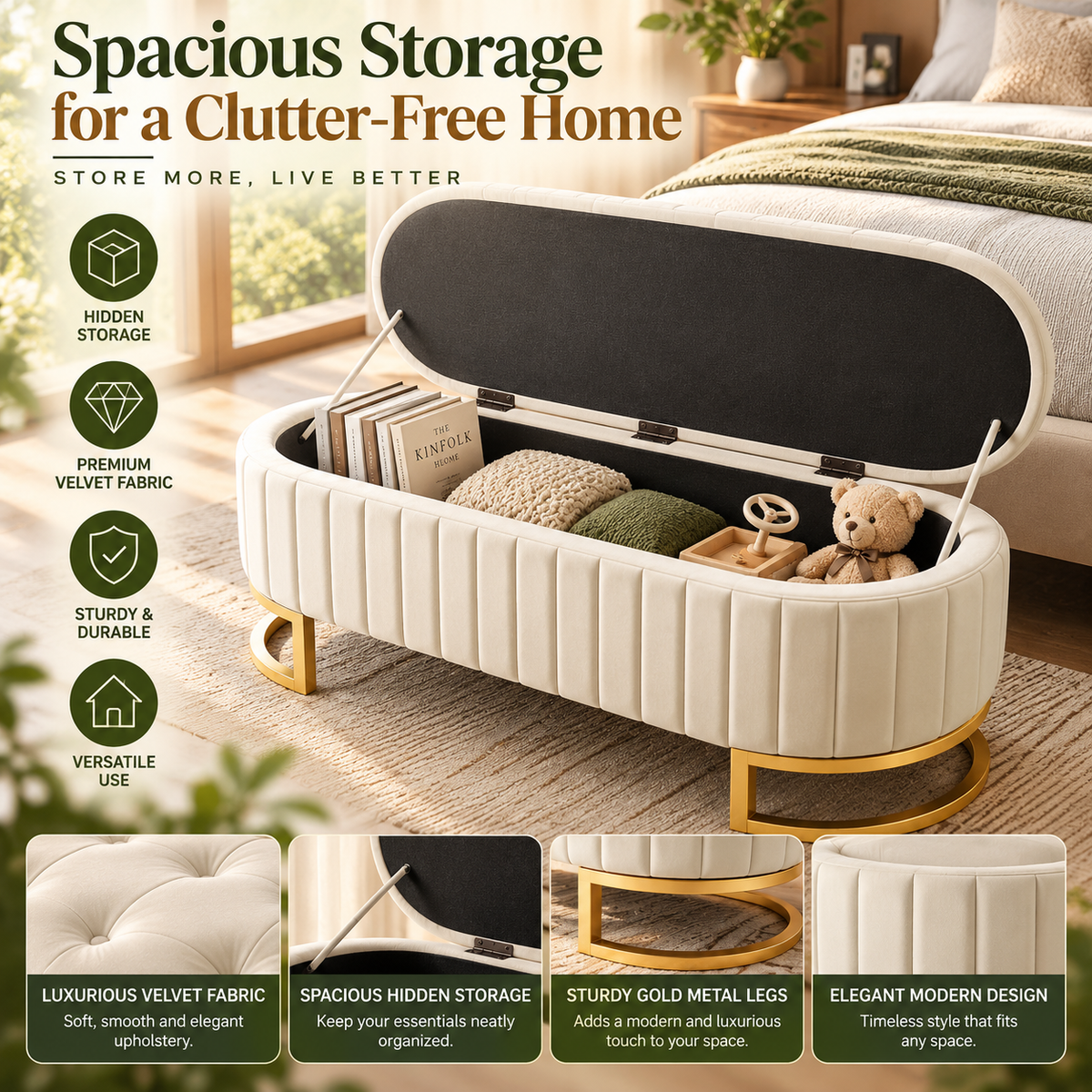 Velvet Storage Ottoman – Elegant Upholstered Footstool with Hidden Storage